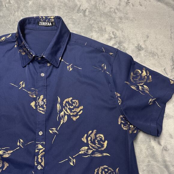 ZEROYAA Mens XXL Floral Rose Blue Gold Button Up Dress Shirt Short Sleeve - Picture 2 of 7